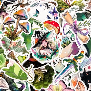 50 Random Witchy Magic Stickers, Ethereal Green Witch Stickers, Mystical Broomstick Stickers, Waterproof Stickers for Journal and Scrapbook