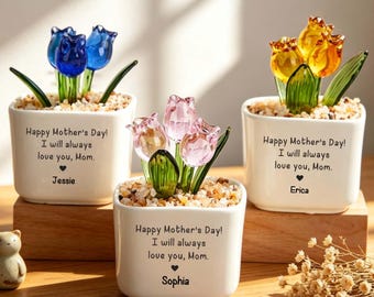 Vaso di fiori personalizzato con tulipani in vetro, tulipani soffiati a mano che durano nel tempo, regalo personalizzato per la mamma, regalo per la festa della mamma