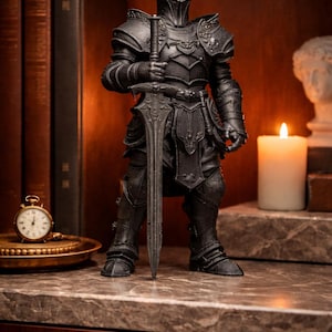 May include: A detailed black knight figurine holding a long sword. The knight is clad in ornate armor and a horned helmet. A lit candle and a small pocket watch are in the background. The figurine is on a marble surface.