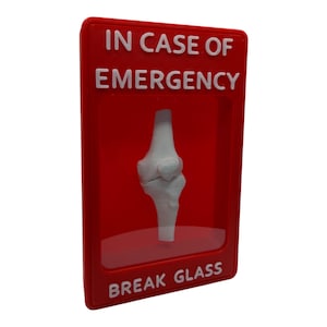 May include: A red rectangular sign with white text that reads "IN CASE OF EMERGENCY" and "BREAK GLASS". Inside the sign is a white model of a knee joint.
