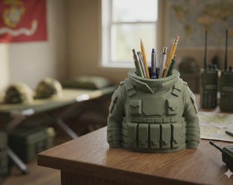 Military Tactical Vest Pen Holder, Soldier Desk Organizer, 3D Printed Pencil Cup