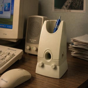 Puede incluir: Un portalápices beige con un bolígrafo azul en su interior, colocado sobre un escritorio de madera. El portalápices tiene un diseño retro único con una abertura circular y dos pequeños botones. También se ven una computadora, un altavoz, un teclado y un ratón.