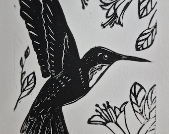Hummingbird original linocut print 5x7