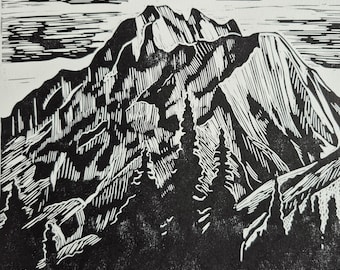 Grabado en linóleo hecho a mano de las montañas canadienses, 8x10