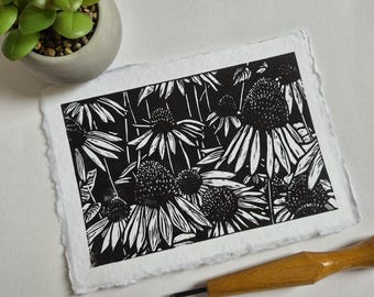 Coneflowers – Original Linocut Print Handprinted on Handmade Cotton Paper 5x7