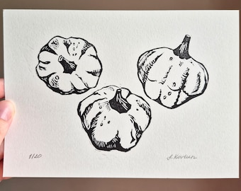 Linosnede van minipompoenen 7x5 inch, herfstdecoratie voor aan de muur, keukendecoratie, botanische Halloweenkaart