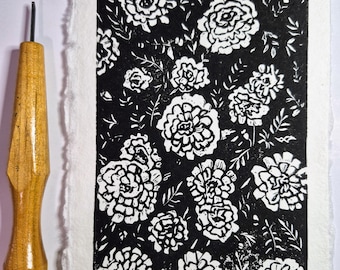 Impression linogravure originale souci 5 x 7, art floral confortable