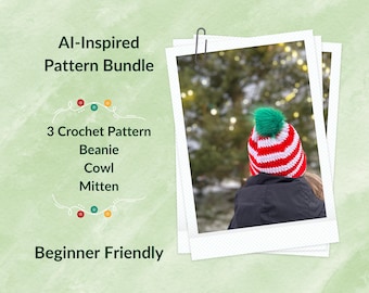 Pacote de padrões de crochê inspirados em IA – Conjunto de gorro, capuz e cachecol de Natal – Luva de bônus grátis feita por humanos – Ideia de presente fácil em PDF