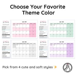 May include: Four different color options for a printable crochet planner. The planner is titled "Crochet for Mommies" and includes a calendar for April 2025. The color options are pink, green, gray, and purple.