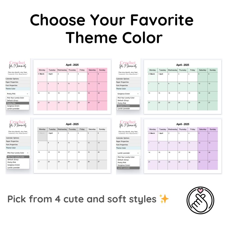 May include: Four different color options for a printable crochet planner. The planner is titled "Crochet for Mommies" and includes a calendar for April 2025. The color options are pink, green, gray, and purple.