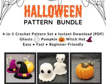 Padrão de Crochê para Halloween – Abóbora, Fantasmas, Chapéu de Bruxa – Pacote Fácil de Amigurumi em PDF – Decoração de Outono para Iniciantes