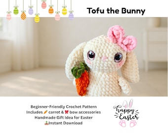 Padrão de coelho de crochê - Tofu, o coelho em PDF - Brinquedo de pelúcia amigurumi para iniciantes - Tutorial de crochê para download instantâneo - Presentes de Páscoa