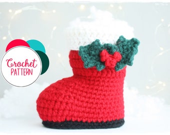 Padrão de enfeite de bota de Papai Noel em crochê – Decoração de Natal – PDF fácil Presente de Natal – Bota de crochê Holly Berry