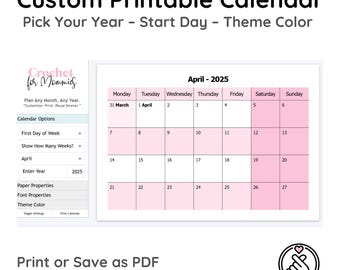 Calendário mensal personalizável para impressão – funciona em todos os dispositivos – sem data, minimalista, 10.000 anos, alterar fontes – arquivo HTML