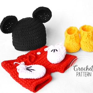 Crochet Baby Mickey Costume Pattern – Newborn Photo Prop Set – 4 Piece Outfit with Hat, Shorts, Mittens & Booties – PDF Pattern (0-3 Months)