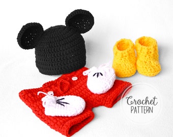 Padrão de fantasia de crochê para bebê Mickey – Conjunto de acessórios para fotos de recém-nascido – Conjunto de 4 peças com chapéu, shorts, luvas e botinhas – Padrão em PDF (0-3 meses)