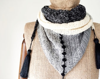 Organic Cotton Crochet Shawl Scarf with Black Tassel - Neckwarmer - Handmade Gift