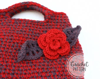 Molde de Bolsa de Crochê – Bolsa Charlotte com Aplicação de Rosa e Folha – Ideia de Presente Fácil – Tutorial de Crochê em PDF