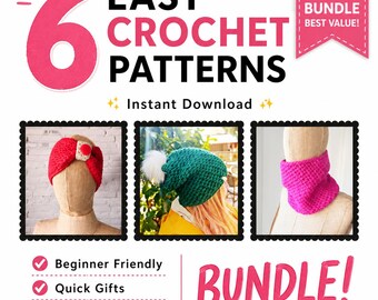 Pacote de padrões de crochê fáceis - 6 acessórios de inverno para iniciantes (gorro, gola, luvas, faixa de cabelo)