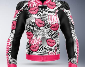 Blouson moto de course en cuir pour femmes Pink Lips : protection amovible