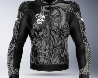 Crash Cult Skull Gray Motorcycle Racing Leather Jacket with Removable Protection