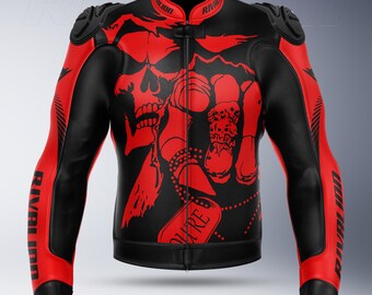 Skull Black and Red Motorcycle Racing Leather Jacket with Removable Protection