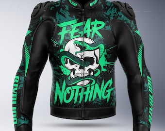 Fear is Nothing Motorcycle Racing Leather Jacket,Removable Protection, Custom Design