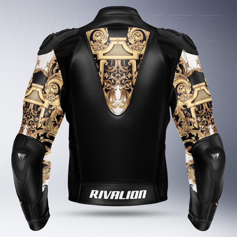 May include: Black motorcycle jacket with gold and white baroque pattern accents. The jacket features protective elbow pads and shoulder detailing. The brand name "RIVALION" is printed in white across the lower back.