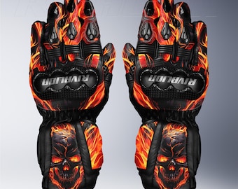 Fire Burning Skull Leather Motorcycle Racing Gloves with Safety Armor