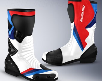 BMW White M1000RR Leather Motorcycle Racing Boots, Custom Design, Safety Armor
