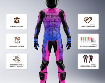 May include: A motorcycle racing suit in pink, blue, and black with the word "FREEDOM" across the chest. The suit has a cracked pattern design and includes a black helmet, gloves, and boots. The suit is made of cowhide or kangaroo leather.