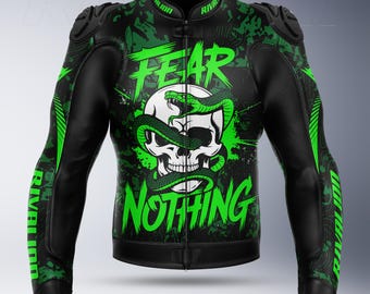 Fear is Nothing Motorcycle Racing Leather Jacket,Removable Protection, Custom Design