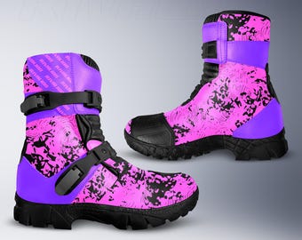 Pink and Purple Leather Motorcycle Race Boots, Safety Armor, Custom Fit