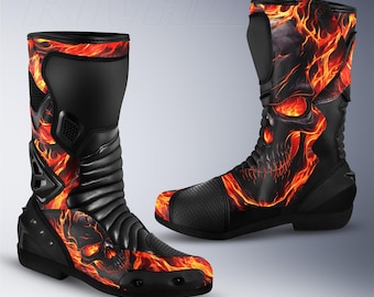 Fire Burning Skull Leather Motorcycle Racing Boots, Custom Design, Safety Armor