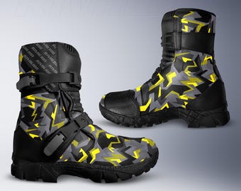 Camo Leather Motorcycle Race Boots, Safety Armor, Custom Fit
