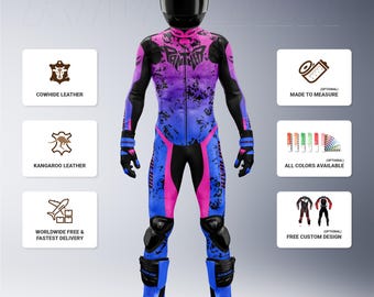 Pink & Blue Leather Motorcycle Racing Suit: Custom Cowhide or Kangaroo
