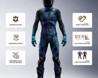 Custom Blue Motorcycle Leather Racing Suit: Cowhide or Kangaroo