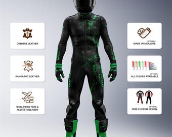 Kawasaki Green Joker Motorcycle Leather Suit: Cowhide & Kangaroo, Custom Fit
