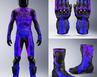 Custom Fit Panther Blue and Purple Leather Motorcycle Racing Suit, Gloves, Boots Set