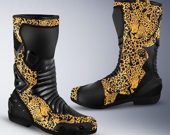 Leopard Custom Leather Motorcycle Race Boots, Printed design and Safety Armor