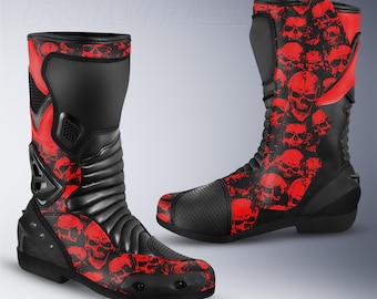 Red Skull Leather Motorcycle Racing Boots, Custom Design, Safety Armor