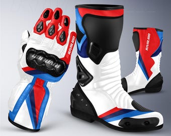 BMW White M1000RR Leather Motorcycle Racing Gloves and Boots - Custom Design