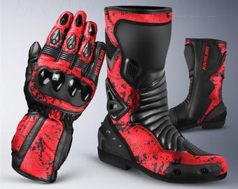 Red Armored Leather Motorcycle Racing Gloves and Boots - Custom Design Available