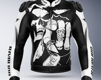 Skull Black and White Motorcycle Racing Leather Jacket with Removable Protection