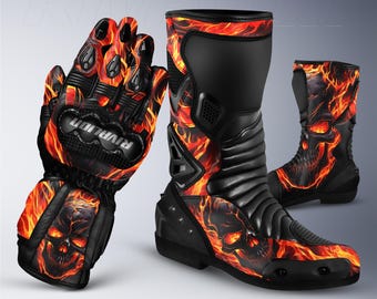 Fire Burning Skull Leather Motorcycle Racing Gloves and Boots - Custom Design Available
