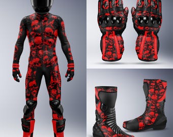 Skull Red Leather Motorcycle Racing Suit Kit, Gloves & Boots, Custom Design