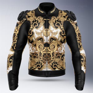 May include: Black and gold motorcycle jacket with a baroque pattern. The jacket features black leather sleeves and shoulder pads. The text "RIVALION" is printed on the collar.