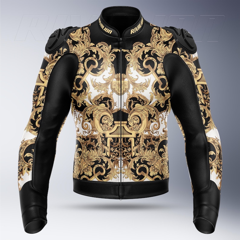 May include: Black and gold motorcycle jacket with a baroque pattern. The jacket features black leather sleeves and shoulder pads. The text "RIVALION" is printed on the collar.