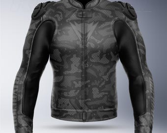 Blouson moto camouflage en cuir de vachette et cuir de kangourou avec protections amovibles