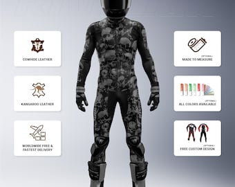 Skull Gray Motorcycle Leather Racing Suit, Cowhide and Kangaroo Leather, Custom Design